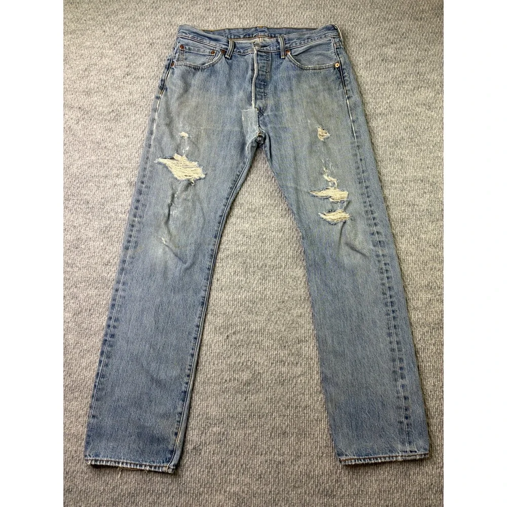 Levis 501 Mens Jeans 33x32 Light Wash Distressed Ripped Button Fly 00501-0193